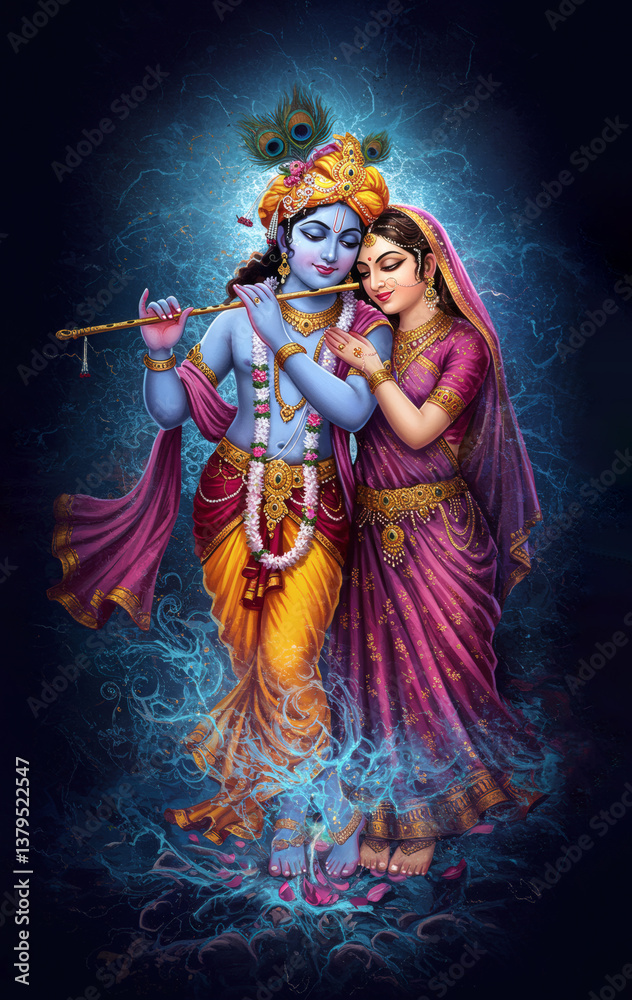 Fototapeta premium Radha Krishna Neon Galactic Wall Art - Divine Glow