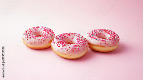 Wallpaper Mural Artisanal donuts with pink-white glaze and sprinkles on textured frosting, arranged stylishly on pastel backdrop with crisp details and soft shadows for editorial or ad layouts. Torontodigital.ca