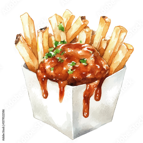 A watercolor vector illustration of Poutine, isolated on a white background.

