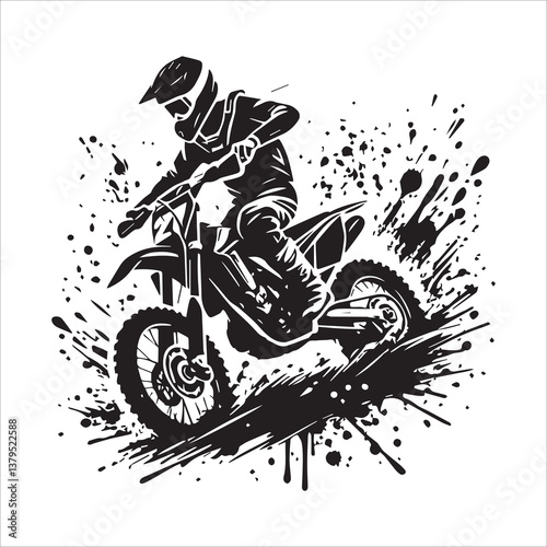 silhouette of motorcycle rider performing trick on white background, Motocross Silhouette Vector stock illustrator, Silhouette of a motocross rider doing a freestyle stunt in the air Vector