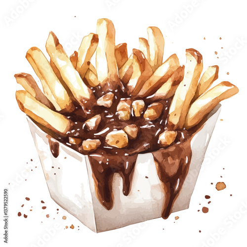 A watercolor vector illustration of Poutine, isolated on a white background.

