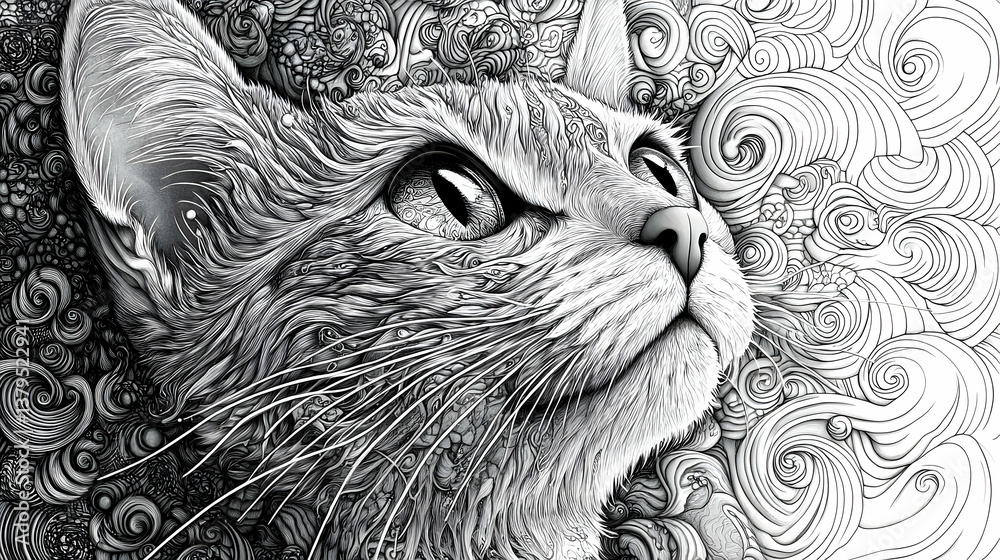 Fototapeta premium Intricate Black and White Illustration Depicting the Face of a Cat