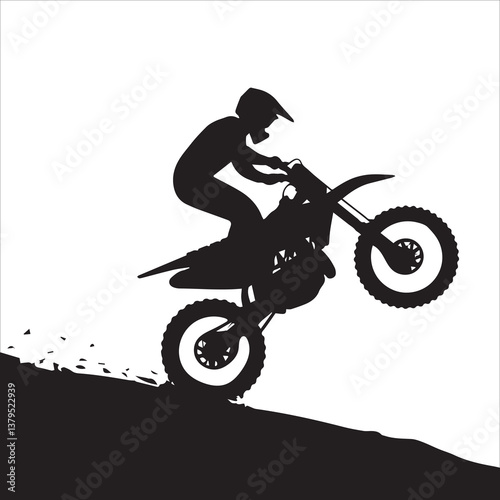 silhouette of motorcycle rider performing trick on white background, Motocross Silhouette Vector stock illustrator, Silhouette of a motocross rider doing a freestyle stunt in the air Vector