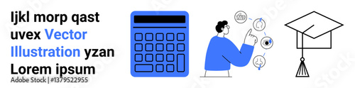 Calculator, person engaging with learning icons, and graduation cap symbolizing education. Ideal for academics, e-learning, math resources, classrooms, study guides, online courses and simple
