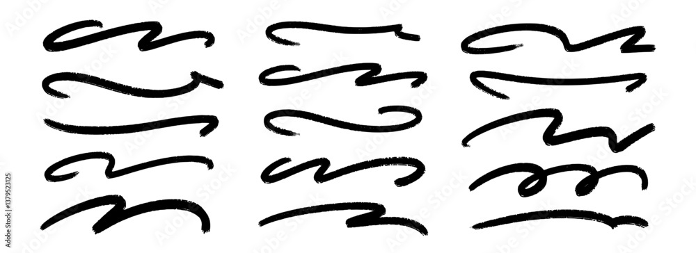 Wave paint line set. Squiggle sketch brush stroke collection. Rough charcoal curved flourishes for highlight, underline, emphasis. Vector hand drawn crayon chalk strips. Black swoosh stripe bundle Wave paint line set. Squiggle sketch brush stroke collection. Rough charcoal curved flourishes for highlight, underline, emphasis. Vector hand drawn crayon chalk strips. Black swoosh stripe bundle