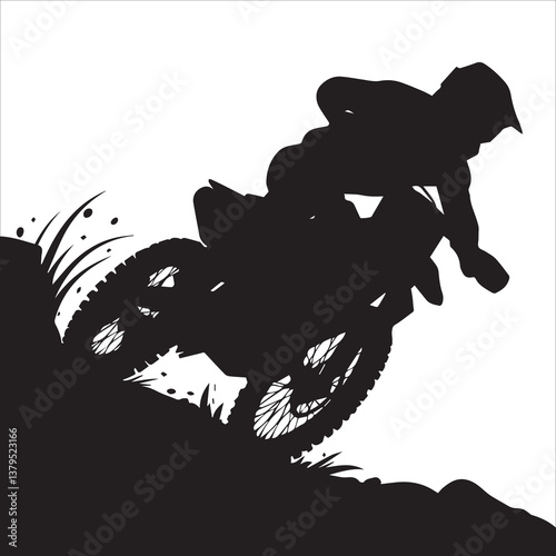 silhouette of motorcycle rider performing trick on white background, Motocross Silhouette Vector stock illustrator, Silhouette of a motocross rider doing a freestyle stunt in the air Vector