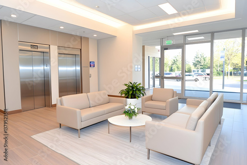 Modern building lobby with elevators, seating area, and exterior view