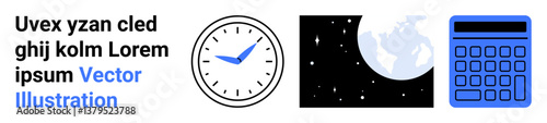 Analog clock, Earth in space, and calculator combine to illustrate time management, global connectivity, and data processing. Ideal for education, business, planning, technology finance