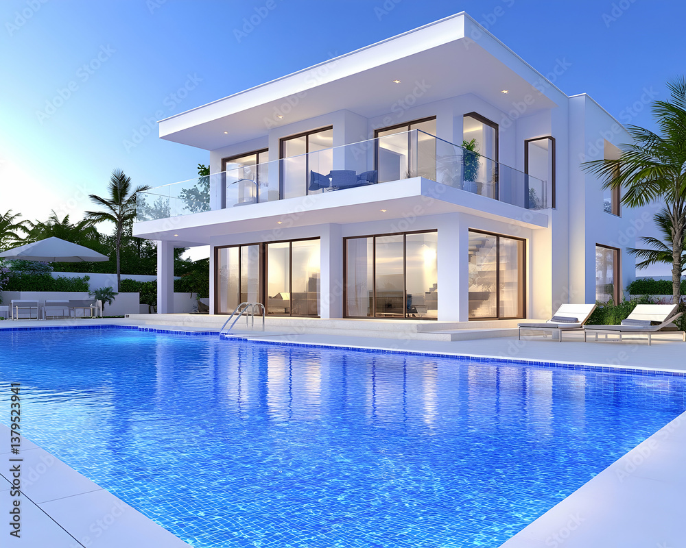 Fototapeta premium Modern two-story house with pool at dusk