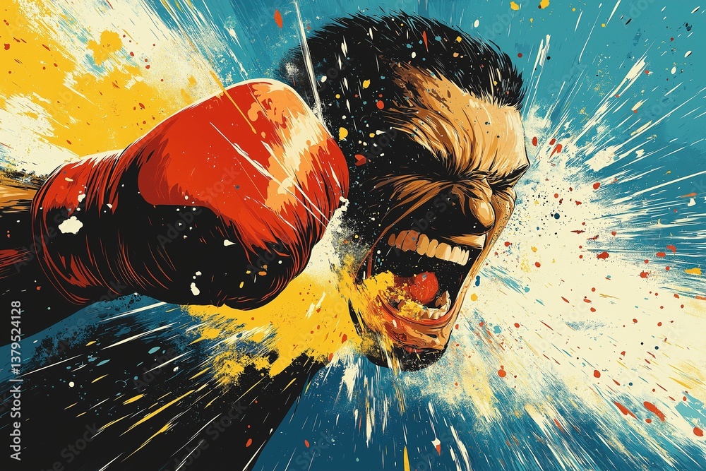 Powerful expression of forceful male boxer in intense action painting