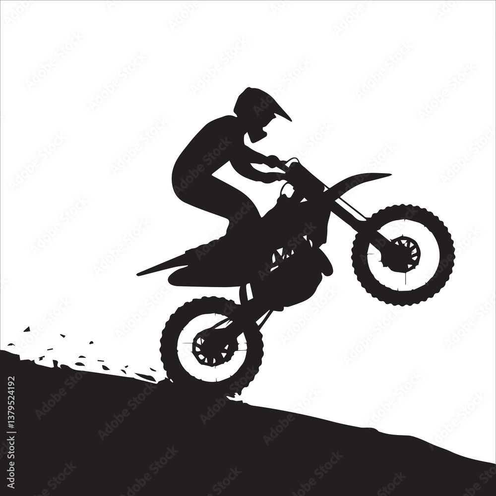 Fototapeta premium silhouette of motorcycle rider performing trick on white background, Motocross Silhouette Vector stock illustrator, Silhouette of a motocross rider doing a freestyle stunt in the air Vector
