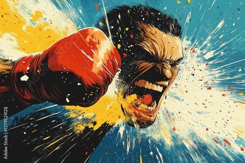 Obraz na płótnie Powerful expression of forceful male boxer in intense action painting w salonie