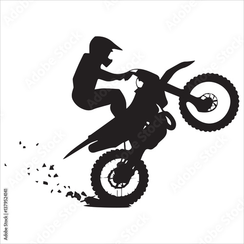 silhouette of motorcycle rider performing trick on white background, Motocross Silhouette Vector stock illustrator, Silhouette of a motocross rider doing a freestyle stunt in the air Vector