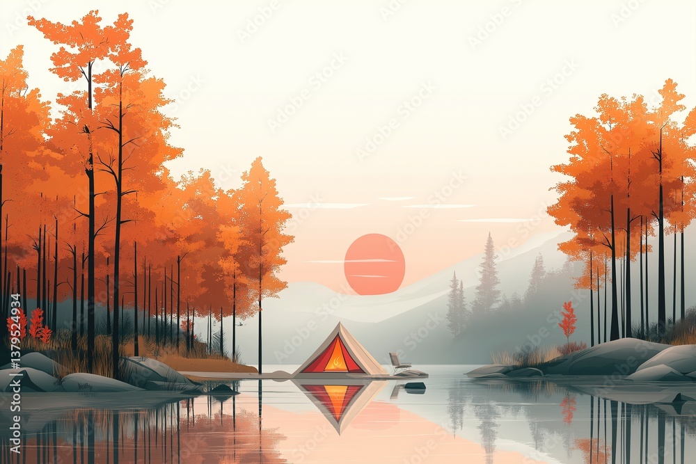 Serene autumn camping scene with tent, lake, and vibrant trees reflecting at sunset