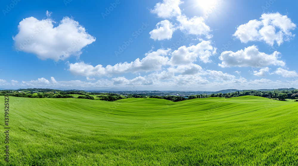 Fototapeta premium Panoramic view of rolling green hills under a vibrant blue sky with fluffy white clouds