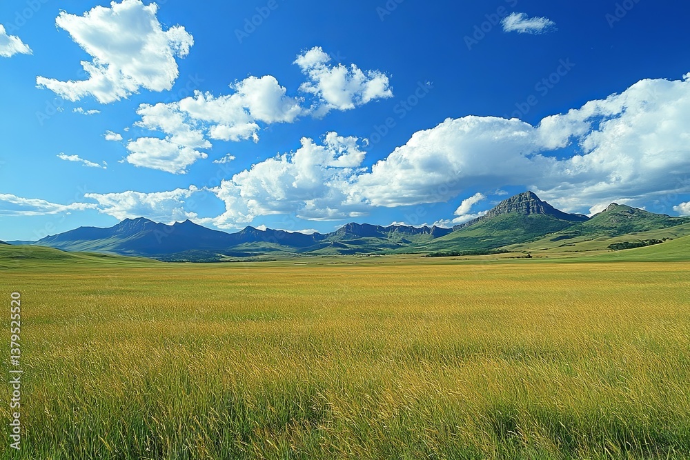 Obraz premium Vast green and yellow field with mountain range in background