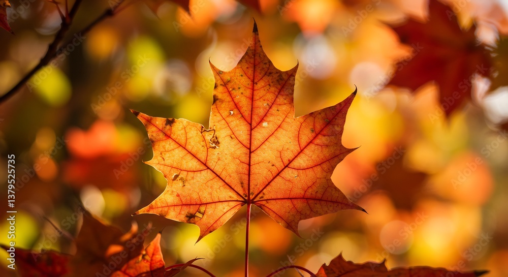 秋色鮮やか紅葉一枚 温かい光浴びて輝く 秋色鮮やか紅葉一枚 温かい光浴びて輝く