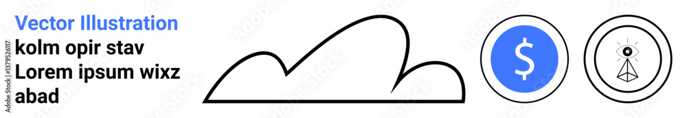 Cloud icon with black outline paired with a blue dollar sign and a minimalist target in circles. Ideal for finance, technology, innovation, business, goal setting, planning, simple landing page Cloud icon with black outline paired with a blue dollar sign and a minimalist target in circles. Ideal for finance, technology, innovation, business, goal setting, planning, simple landing page