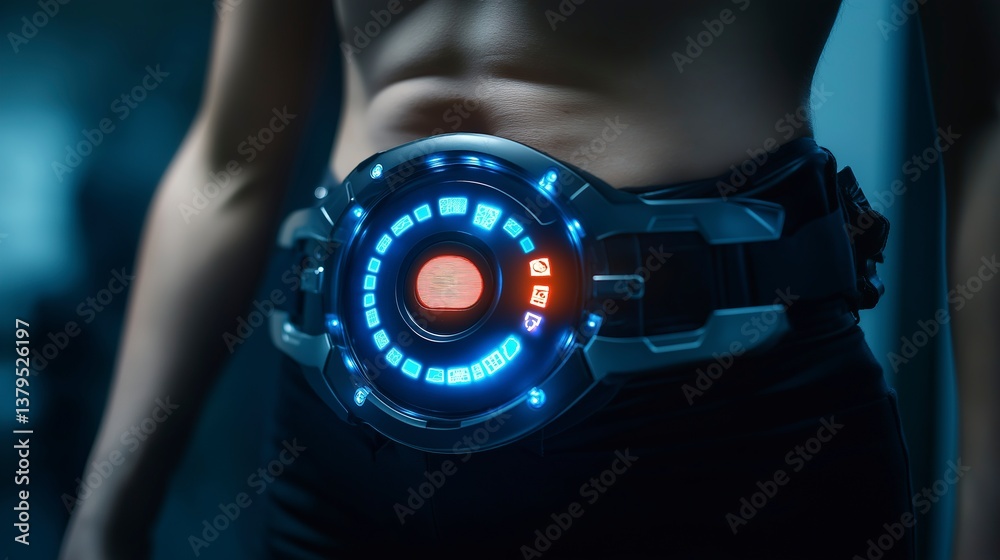 Futuristic wearable tech on caucasian female adult in sci-fi setting