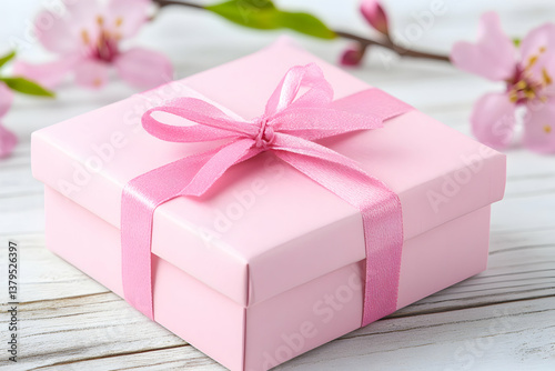 Pink gift box with ribbon and spring blossoms