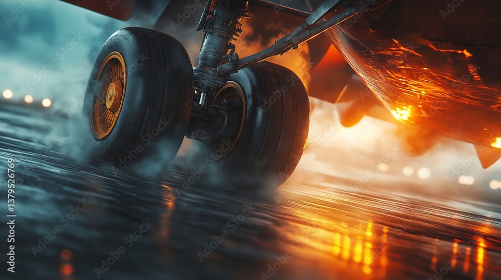 Airplane landing gear close-up on wet runway with dramatic lighting