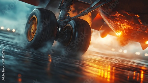 Obraz na płótnie Airplane landing gear close-up on wet runway with dramatic lighting w salonie
