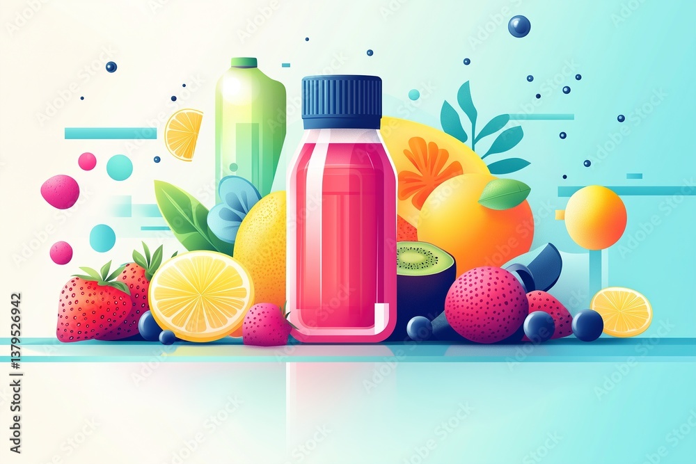 Colorful assortment of fresh fruits and juice bottles in bright artistic style