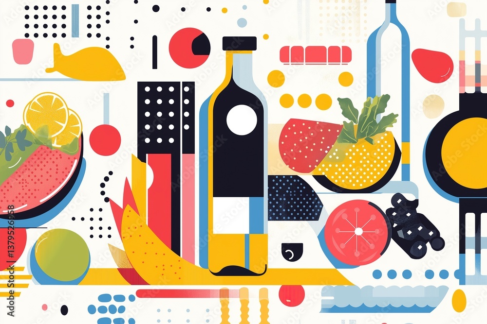 Geometric abstract still life with fruits and bottles in bold colors