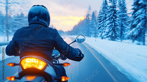 Rear view of motorcyclist riding on a snowy road during sunset