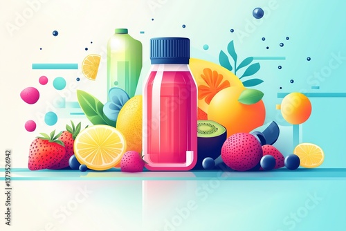 Obraz na płótnie Colorful assortment of fresh fruits and juice bottles in bright artistic style w salonie