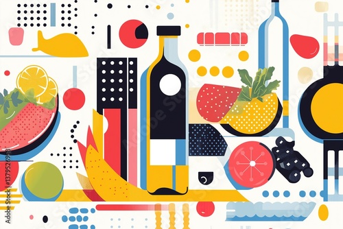 Obraz na płótnie Geometric abstract still life with fruits and bottles in bold colors w salonie