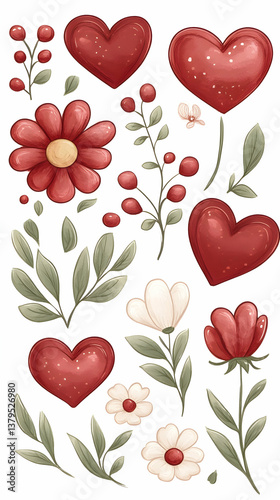 Red hearts, flowers, and leaves illustration