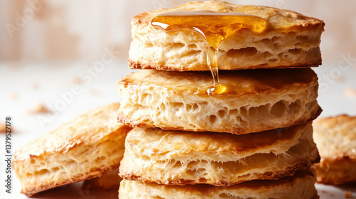 A stack of warm, golden buttermilk biscuits drizzled with honey, isolated on a white background. photo