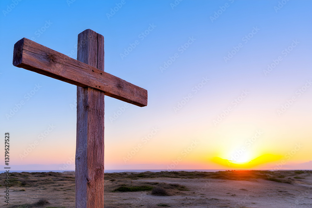 Rustic wooden cross silhouetted against a vibrant sunset over a tranquil landscape Rustic wooden cross silhouetted against a vibrant sunset over a tranquil landscape