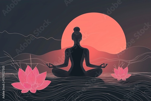 Silhouette of person meditating at sunset with pink lotus flowers and mountains