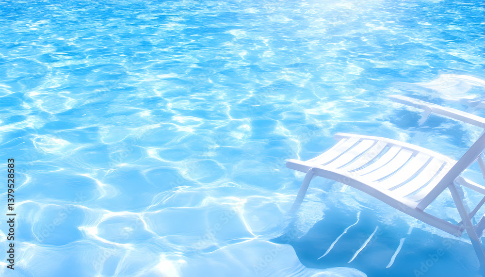 Obraz premium Serene poolside scene with a white chair partially submerged in sparkling turquoise water