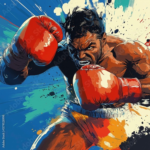Dynamic portrait of male boxer in action pose with colorful paint splashes