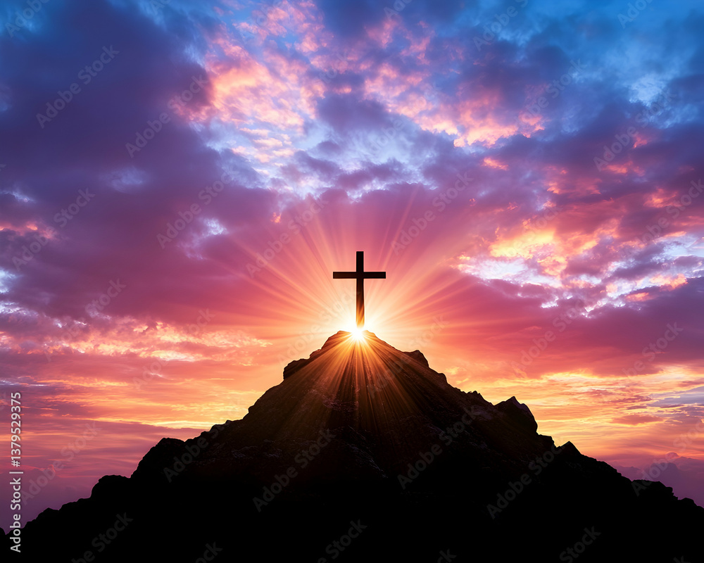 Silhouette of a cross atop a mountain peak at sunset, radiating light Silhouette of a cross atop a mountain peak at sunset, radiating light