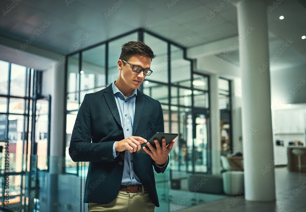 Fototapeta premium Tablet, serious and business man research for information, update or reading email for news. Technology, internet and financial consultant on app for budget, investment or check share price in office