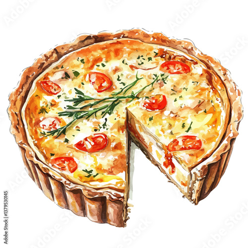 A watercolor vector illustration of Quiche Lorraine, isolated on a white background.


