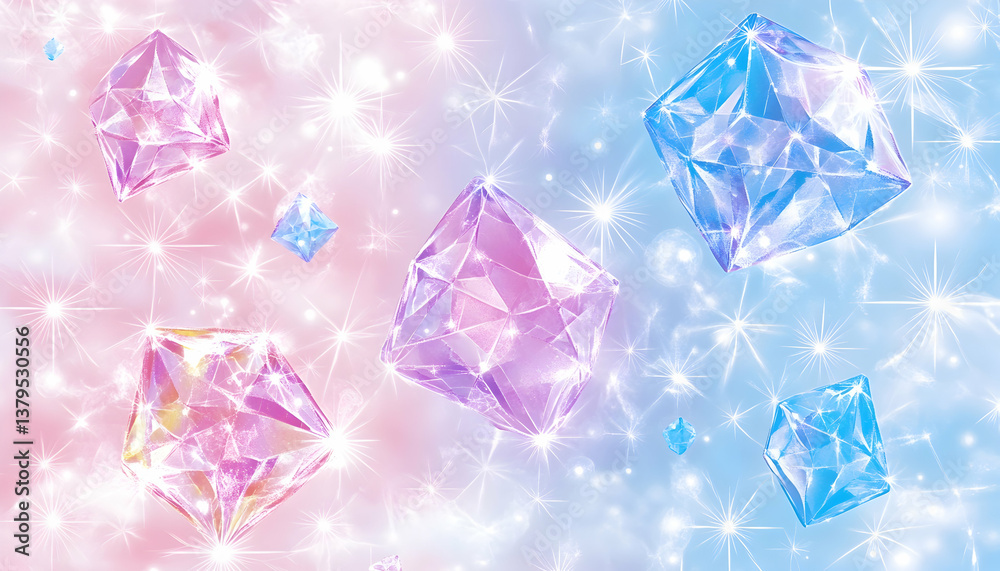 Fototapeta premium Sparkling pink and blue gemstones float on a glittering background