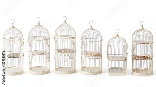 A collection of vintage inspired decorative bird cages in varying shapes and sizes featuring detachable trays displayed against a clean minimalist white background