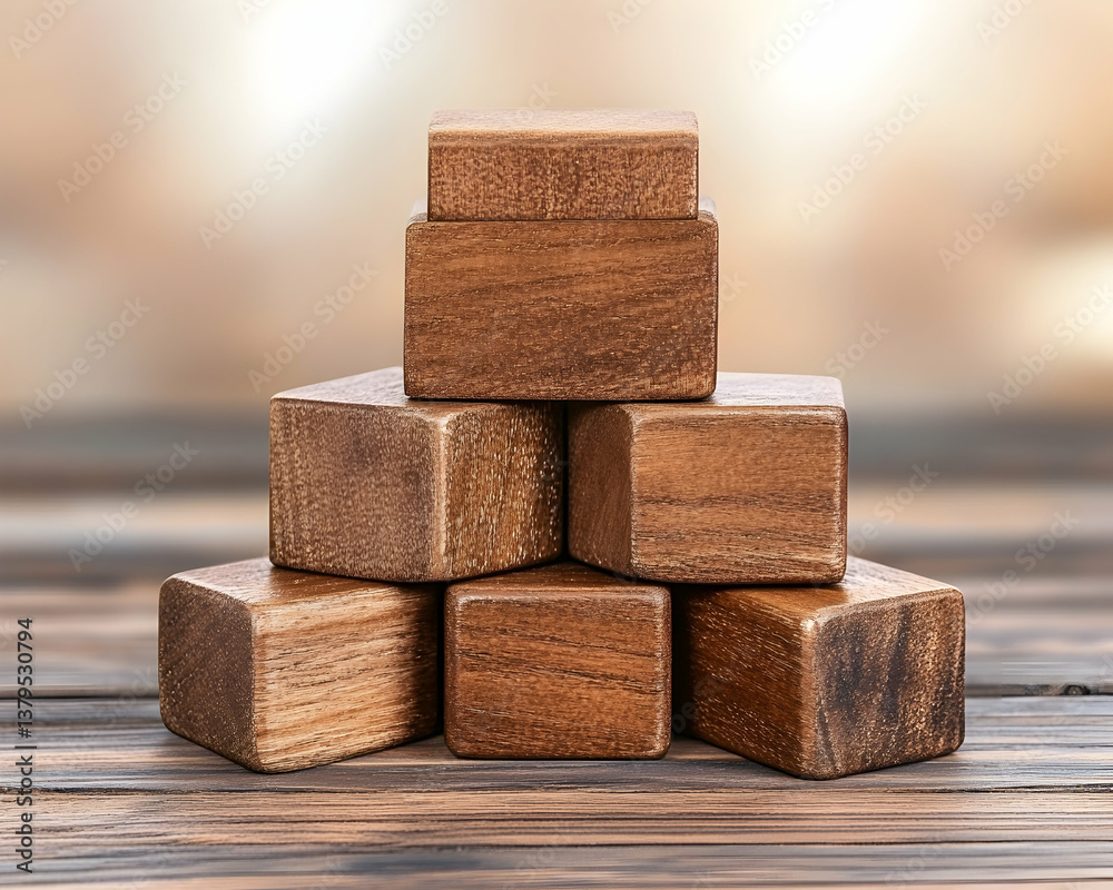 Stacked wooden blocks forming a pyramid on a wooden surface Stacked wooden blocks forming a pyramid on a wooden surface