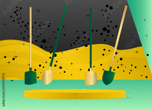 Mockup product display with Spade, Shovel. Vector cylinder pedestal podium. Stage showcase for presentation. Minimal geometric forms.