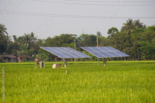 solar panels installed in a field, likely for agricultural purposes such as irrigation rural areas