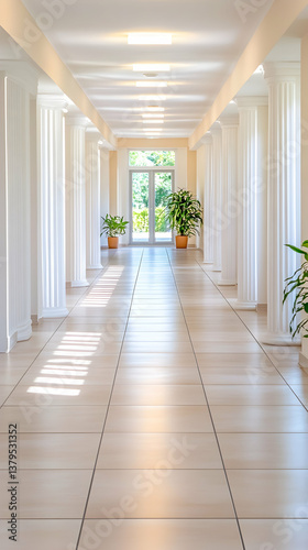 Sunlit hallway with columns  plants  and tiled floor