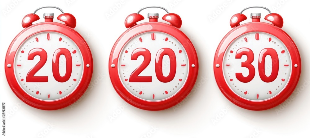 Three Red Alarm Clocks Displaying 20 20 and 30 on White Background Three Red Alarm Clocks Displaying 20 20 and 30 on White Background