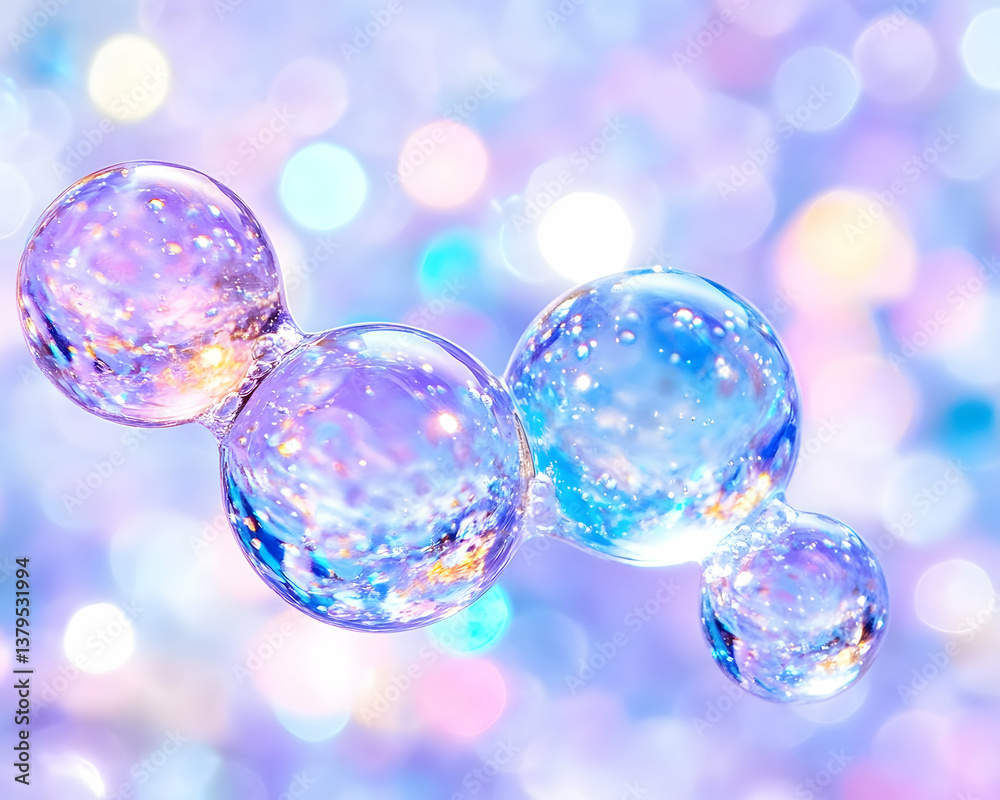 Three iridescent spheres linked, floating against a pastel bokeh background Three iridescent spheres linked, floating against a pastel bokeh background
