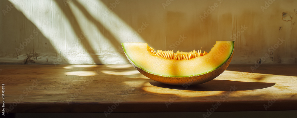 Close-up of a slice of cantaloupe on a wooden table, with sunlight casting shadows.