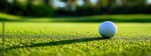 Obraz na płótnie Close-up of a golf ball on a green putting green, with a long shadow stretching across the grass. w salonie